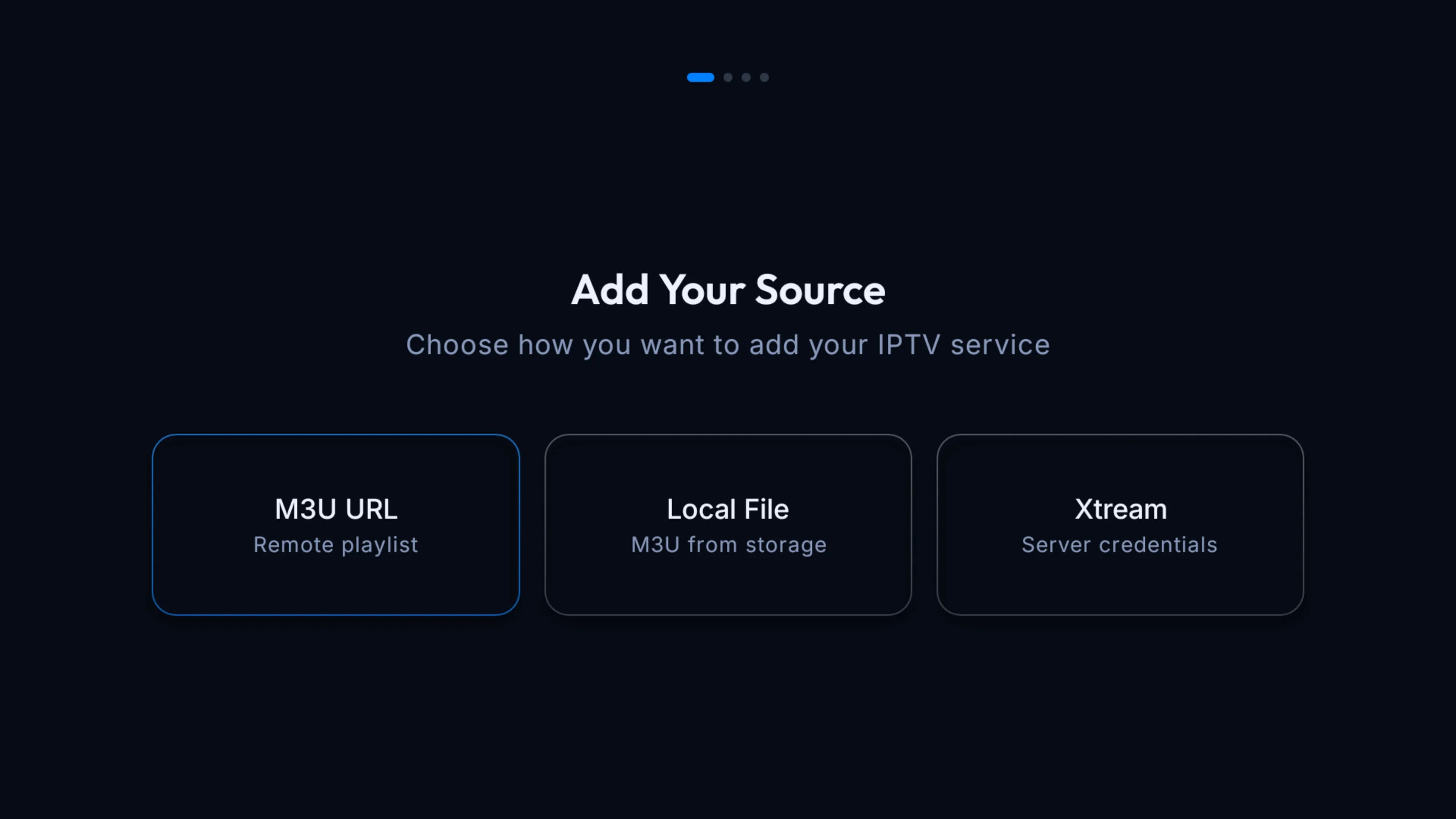 Silica’s Add Your Source screen on a TV: M3U URL, Local File and Xtream options as glass cards