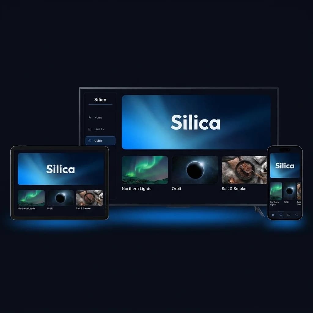 The same Silica home screen on a TV, a tablet and a phone, each adapted to its screen