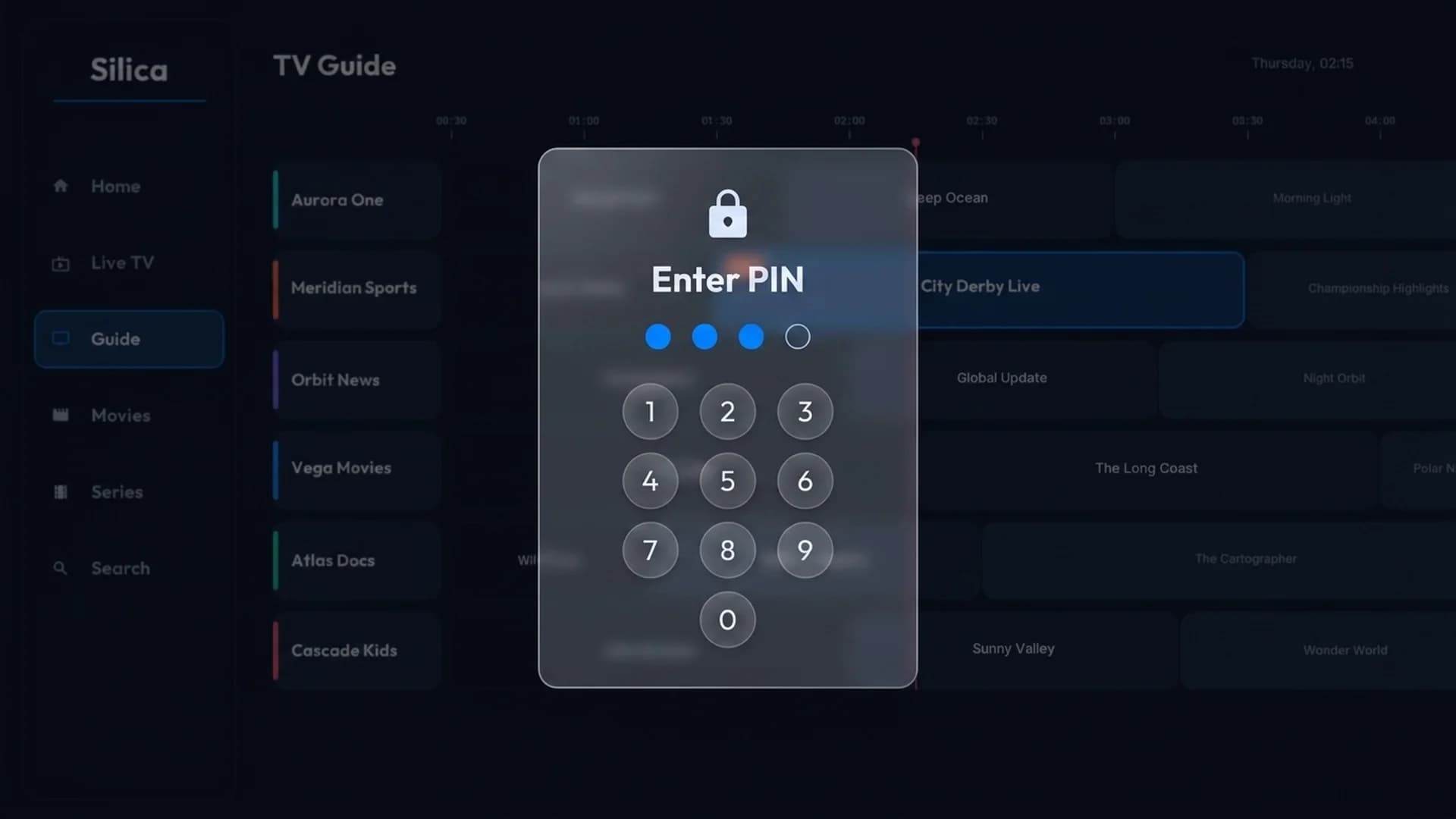 Silica’s parental controls: a glass Enter PIN dialog with keypad over the dimmed TV Guide
