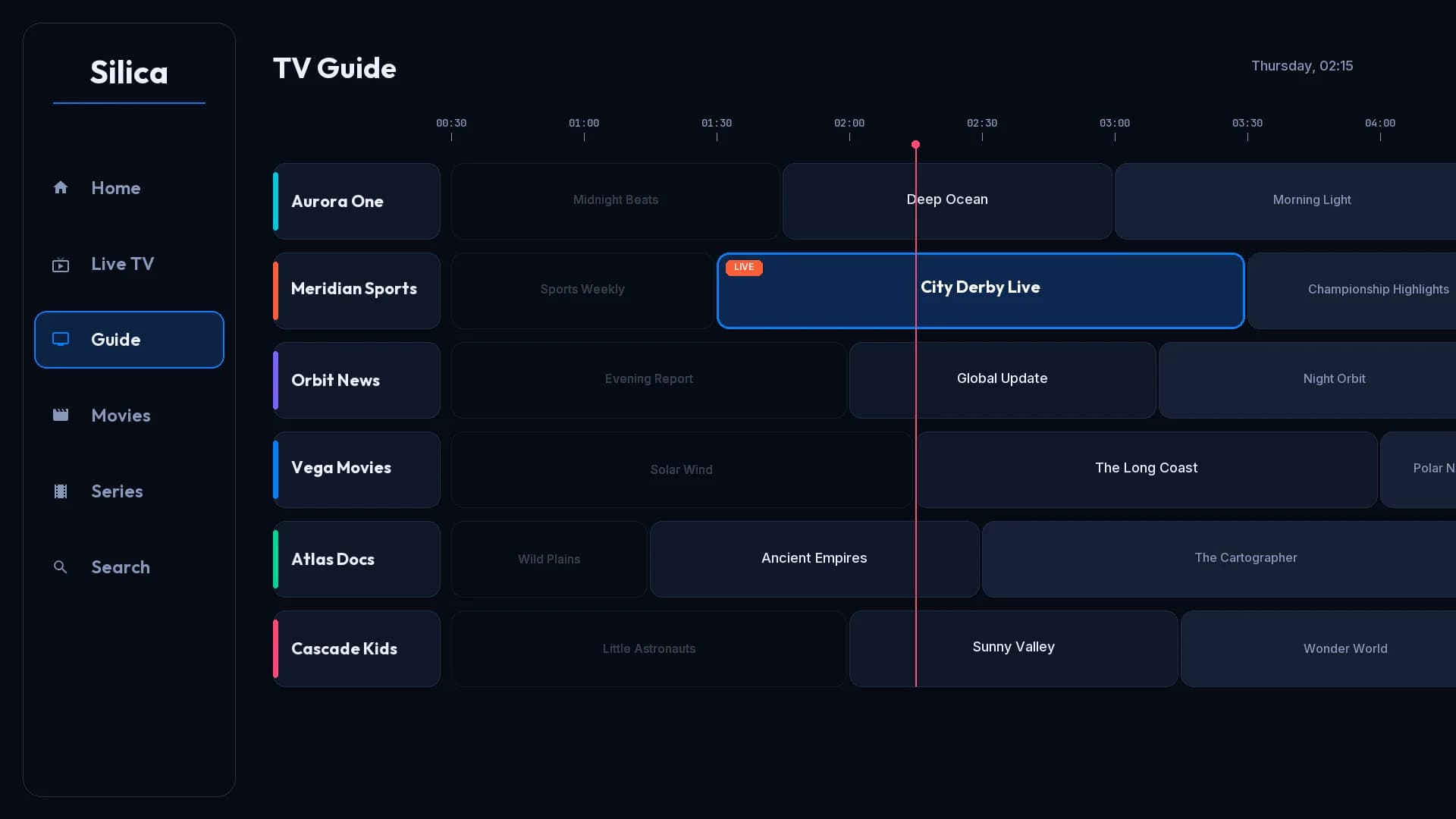 Silica’s TV Guide: six channels on a timeline, the live programme glowing blue with a red now-line