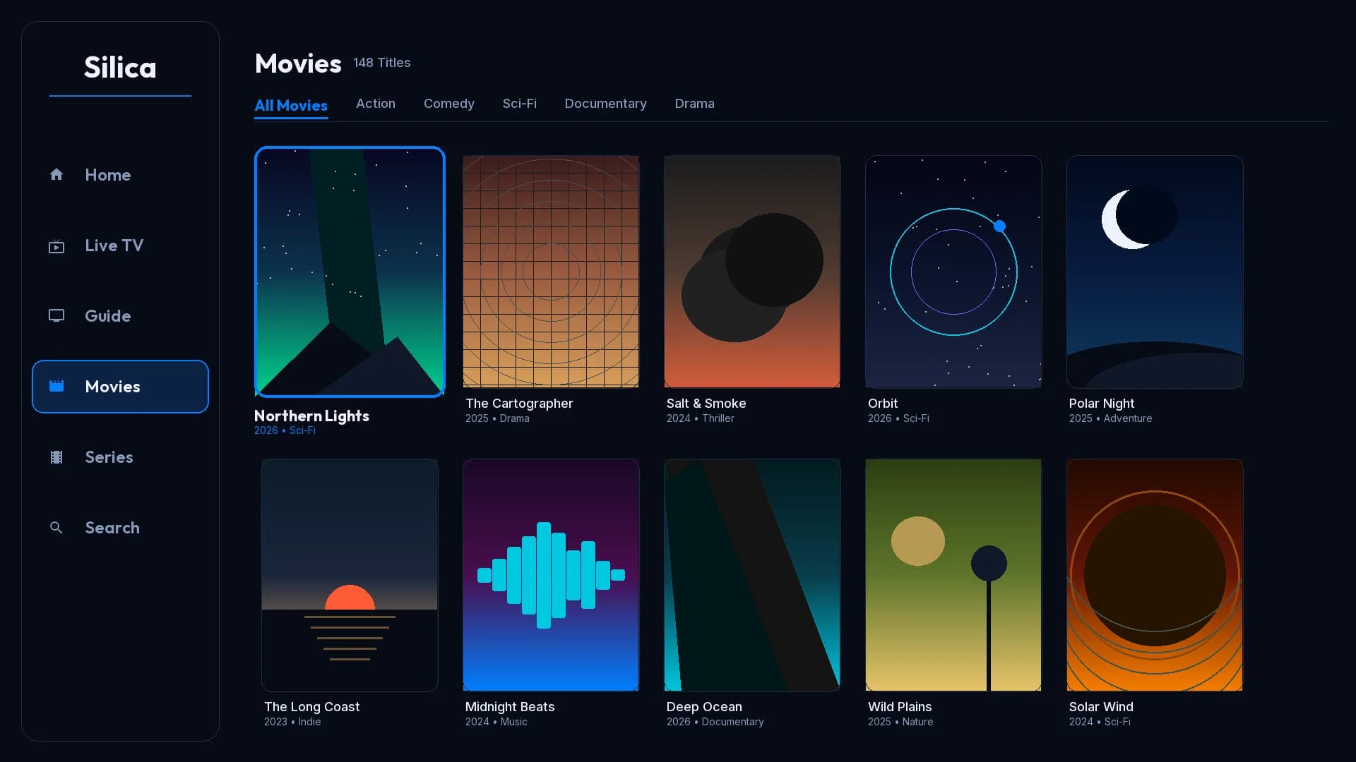 Silica’s Movies library: a grid of posters with one card focused, category tabs above