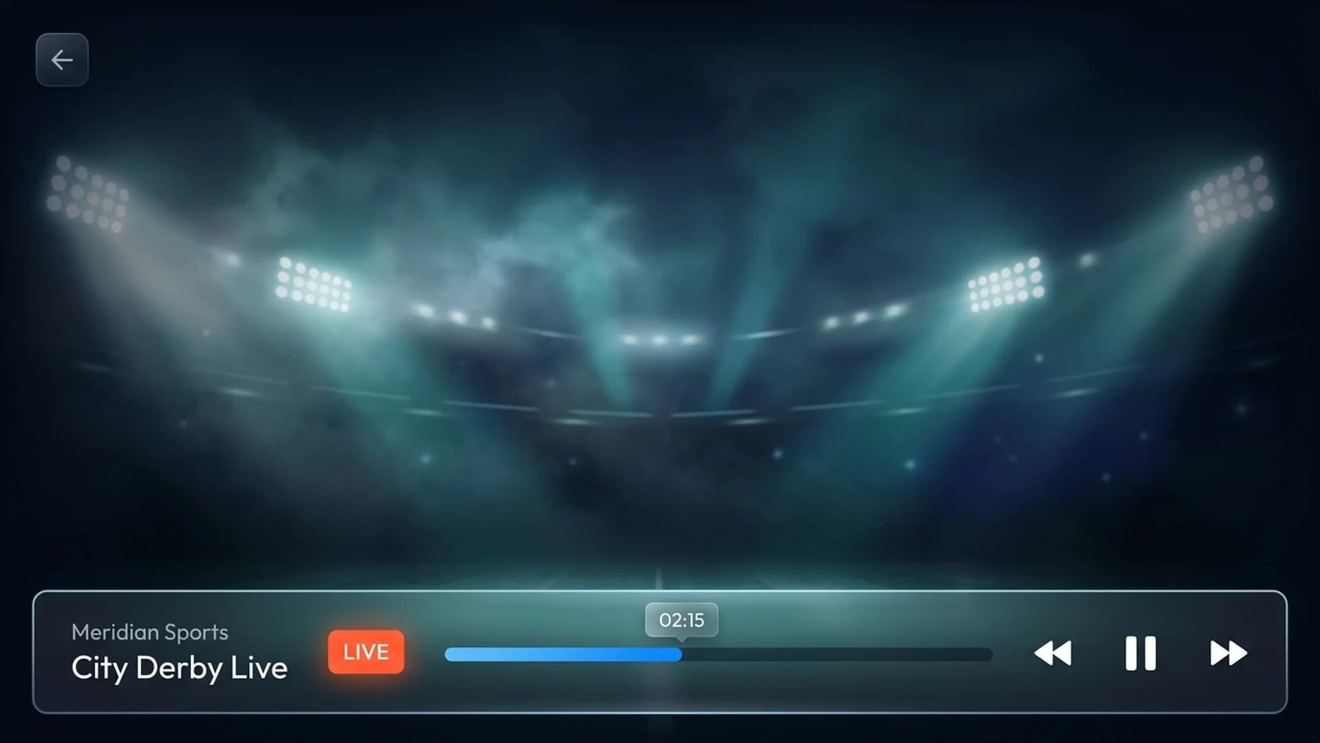 Silica’s player: a live match under floodlights with a glass playback bar, LIVE badge and progress